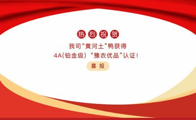 【喜報】—我司黃河土鴨獲4A(鉑金級）“豫農(nóng)優(yōu)品”認證！